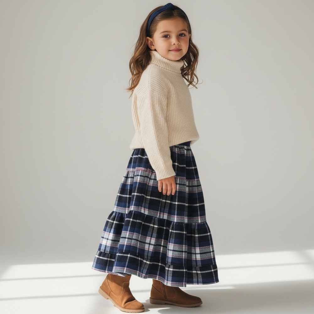 Skirt Flannel Girls 5/6 Blue Plaid Ruffle Tier Maxi Cotton Mom and Pop's Kids‎